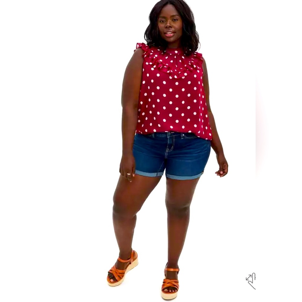 Torrid Red Dot Crinkle Chiffon Ruffle Blouse